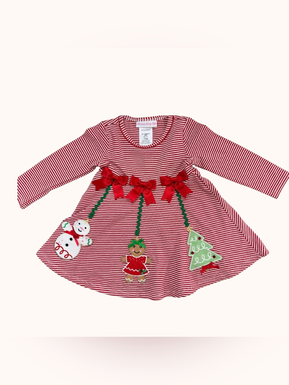 Red & White Striped Holiday Dress with Festive Appliqués